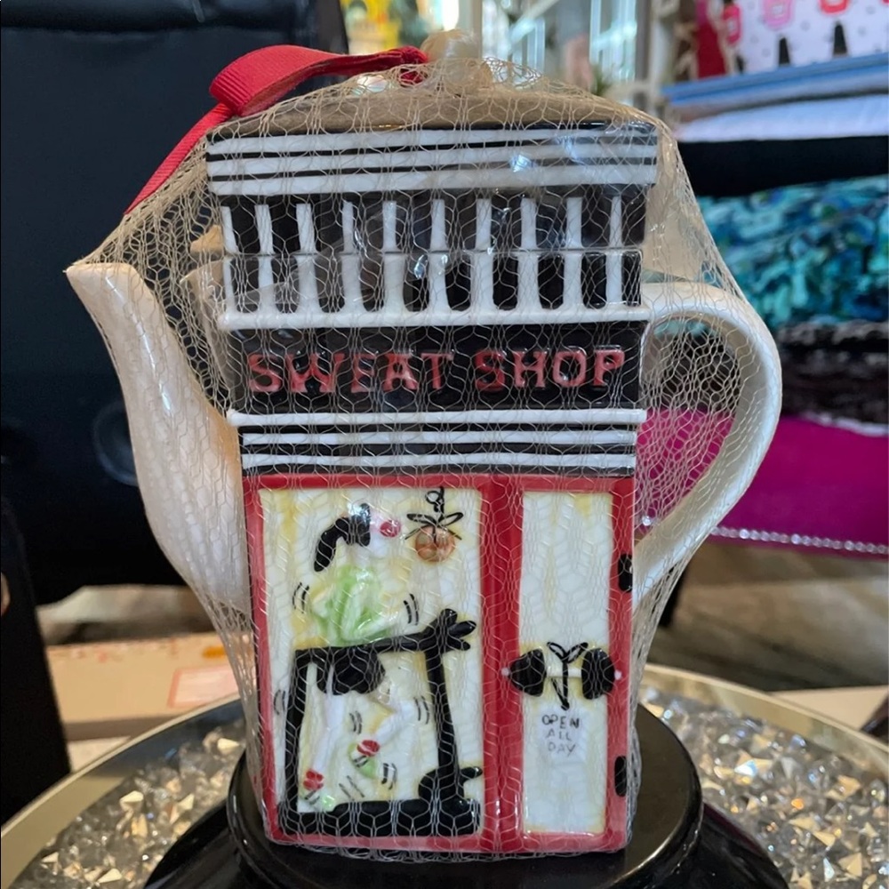 New Black White Striped Tea Pot Celestial Seasonings 
Double sided